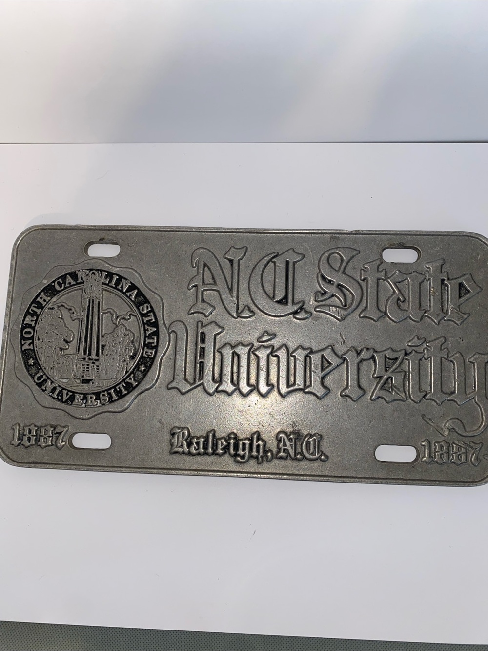 RARE Vintage Front Car Tag PEWTER Metal NC State University Raleigh NC Seal